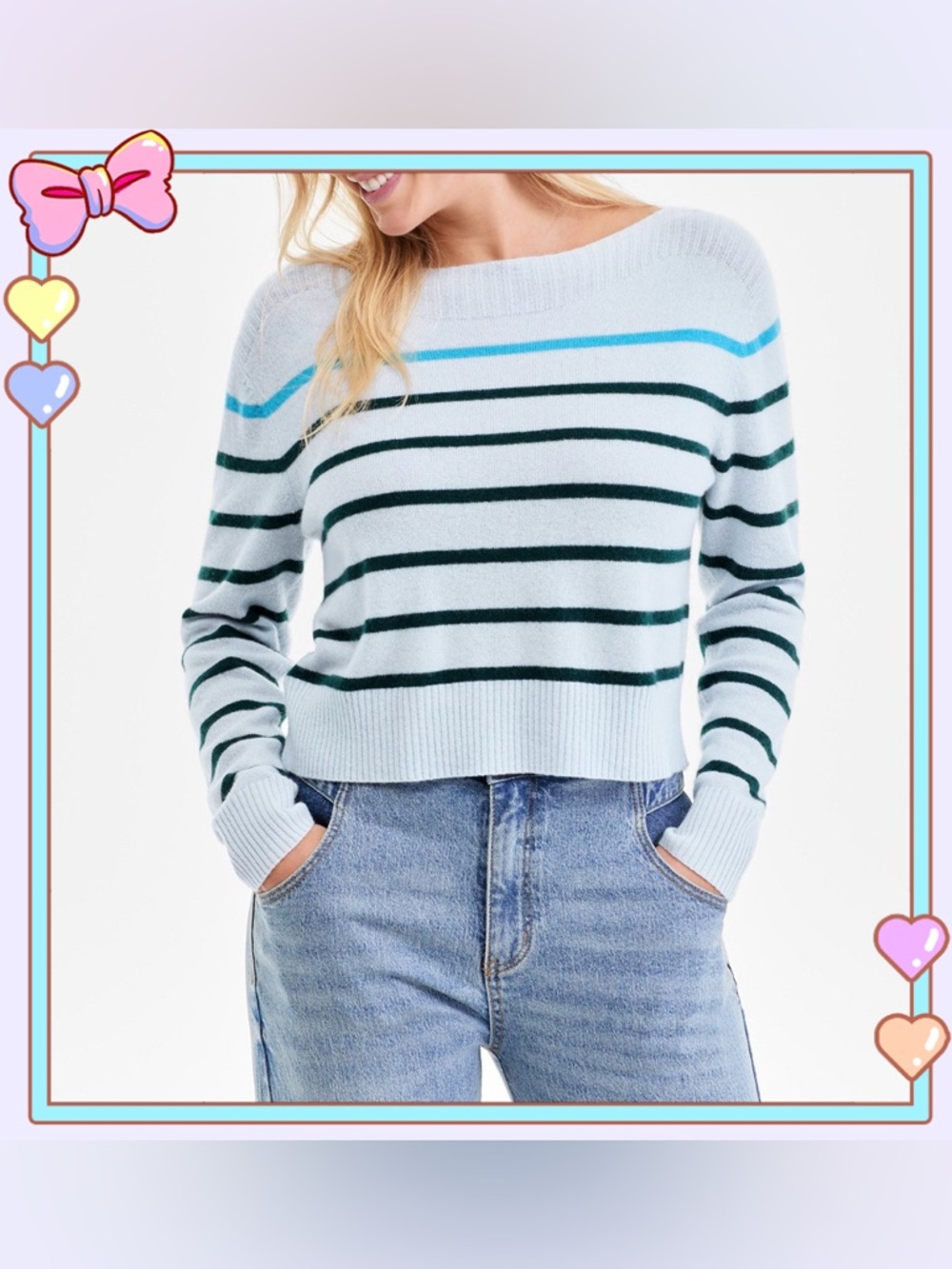 Charter Club Luxury Pop Stripe Boat-Neck Cashmere Sweater Light Blue Sz XS NWT
